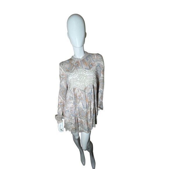 Free People M Lace & Paisley Long Sleeve Mini Dress Boho Summer Festival Medium - Picture 7 of 15